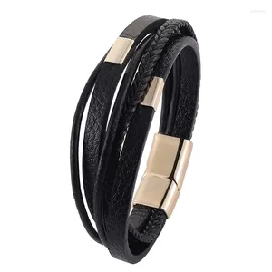 Charm Bracelets Wholesale Men's Multilayer Braided Leather Armband Heren In Black Color With Magnetic Elegent Bracelet For Man