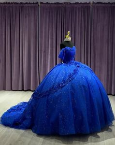 Платья Quinceanera, бальное платье для выпускного вечера, с открытыми плечами, королевского синего цвета, с блестками, из тюля, аппликация, на заказ, большие размеры, на молнии, на шнуровке, новинка