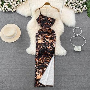 Casual Dresses Summer Version Of Korea Sexy Slanting Neckline Dress Fashion Waist Show Thin Leopard Print Split Hip