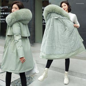 Women's Trench Coats 2023 Winter Coat Long Big Fur Collar Plus Velvet Jacket Down Cotton Padded