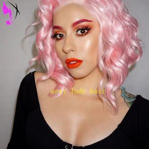 Perücken Seitenteil Kurze Bob-Frisur Perücke Hitzebeständige natürliche tiefe Welle Rosa synthetische Lace-Front-Perücken Weiches Haar für Frauen natürliches Haar