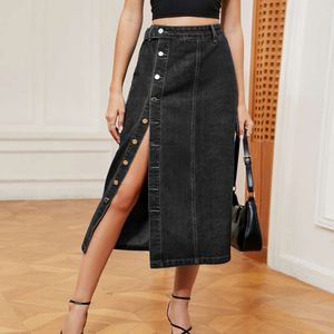 Kvinnors mode Ny hösten Casual Street Solid Color Ickeelastisk Pocket Splicing-knapp Slit Slits Ladies Denim kjol 2023