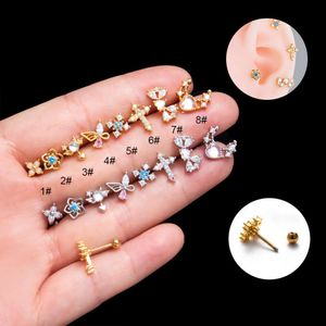 Moda hélice brinco parafuso barra cruz borboleta flor studs cirúrgico aço inoxidável piercing orelha anel brincosnew cz zircon moda earbone único osso parafuso prisioneiro