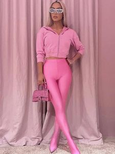 Calças mulher 2022 outono com capuz zipup topo pisando pé calças de duas peças conjunto moda streetwear rosa preto roupas femininas agasalho