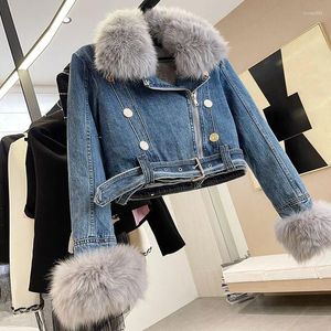 Women's Jackets Denim Fur Long Sleeve Coat Women 2023 Winter Velvet Loose All-match Lace-up With Belt Korean Chic Lapel Female Parkas