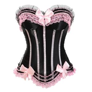 Pants Sapubonva Lace Up Corsets Bustiers Top Sexy Satin Overbust Corset Striped Ladies Satin Halloween Big Size Red Black Pink Ett