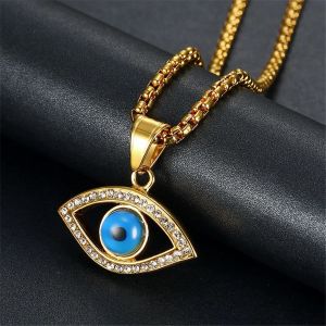 Hip Hop Iced Out Bling Blue Evil Eyes Necklaces Golden Color 14k Yellow Gold CZ Eye Pendant Necklace Turkish Jewelry