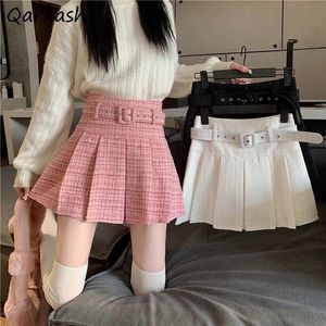 Tweed Mini Pleated Ski Women's Belt Sexy and Cute Vintage Prep Korean Fashion Style Autumn Winter Y2k Dress Plain Faldas 231229