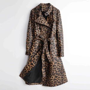 Женский кожаный плащ высокого качества из натуральной кожи, модный женский плащ с леопардовым принтом, на шнуровке, с карманами, длинная верхняя одежда из овчины