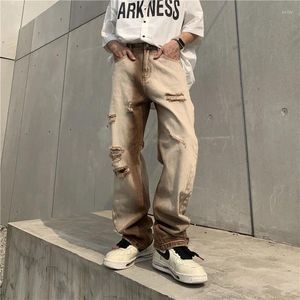 Mäns jeans rippade byxor för män khaki nödställda denim byxor manliga retro japanska streetwear hip hop stor storlek casual