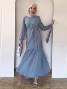 Etniska kläder Elegant Fashion Dubai Women Stiger Lantern Sleeve Blue and Wrap Belted kjol Chic Solid African Arab Dress Turkish Saudi