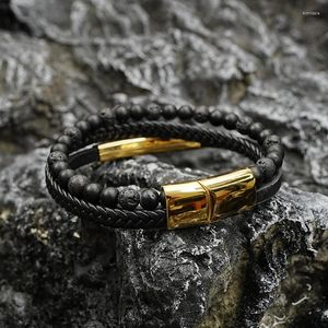 Charm Bracelets Men Natural Lava Stone Bracelet Handmade Woven Leather Stainless Steel Magnetic Buckle Bangles Male Jewelry Gift