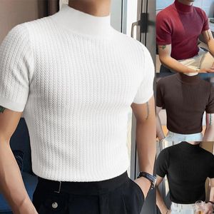 Herr t-skjortor män håliga turtleneck pullover t-shirt toppar halv hög krage sommar stickad tröja avslappnad smal fit tee tröja