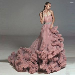 Abiti casual Abito di maternità rosa polveroso di lusso Abiti lunghi per Poshoots Lussureggiante tulle arruffato senza spalline Treno da donna Pografia