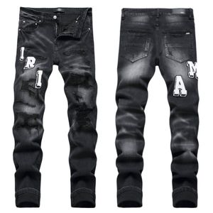 Homens jeans carta estrela am minúsculo ponto bordado retalhos rasgado sexy romântico selvagem motocicleta calça dos homens AM3529-00 tamanho 29-38