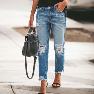 Kobiety z wysokiej talii 2023 Nowy retro niebieski rozerwany prosty noga luźne swobodne ołówki dżinsy damskie spodnie uliczne