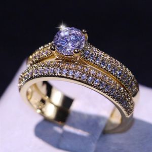 丸ごとの手作りの高級ジュエリー925 Sterling SilverGold Fill 5A Cubic Zirconia CZ Diamond Office Bridal Ring Set352U