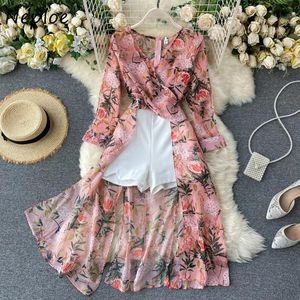 Skirts Neploe Temperament Suit New Women Design Sense Irregular Chiffon Print Split Shirt + Fashion White Color Shorts Twopiece Set