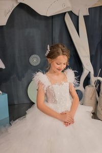 Vestidos da menina vestido de flor com penas applique tule pérolas fofas em camadas vestido de concurso criança aniversário casamento sagrada comunhão