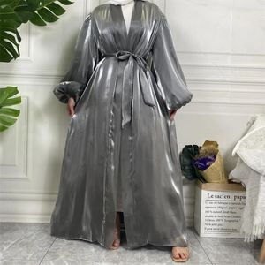 Ethnische Kleidung, glänzender Seidensatin, offener Abaya-Kimono, Kaftan, Laternenärmel, Strickjacke, muslimisches Hijab-Kleid, Saudi-Abayas für Frauen, Dubai, Türkei