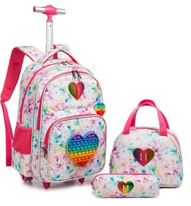 Conjunto de mochila escolar infantil com rodas, 3 peças, carrinho escolar, lancheira, conjunto de mochila com rodas para meninas 231229