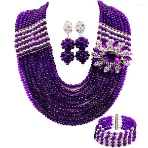 Collana orecchini set moda 10 file viola perline africane matrimonio costume cristallo