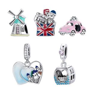 Bamoer 925 Sterling Silver Travel London Charm Pink Cable Car Windmill Zirconia Hjärtpärlor för kvinnor armbandsmycken SCC1738 Q052901