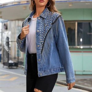 Frauen Jacken Handbesetzte Niet Quaste Frauen Denim Jacke Mantel Weibliche Jeans Lose Mäntel 2023 Herbst Outwear