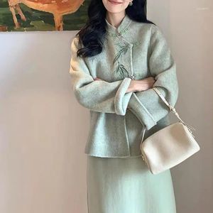 ツーピースドレス冬の女性ツイードセット中国のファッションエレガントなスタンドカラーの両面カシミアコートミディアムレングススカート2PCSマッチ