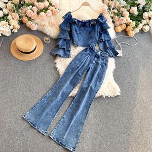 Women's Tracksuits Fall Layer-sleeved Jeans Jacket Pants Strapless Back Zipper Denim Flared Suit