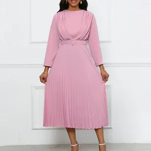 Plus Size Dresses Winter Fashion Solid Dress Women Round Neck Long Sleeve High Waist Pleated Large Swing Elegant