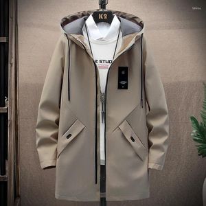 Men's Trench Coats Autumn And Winter Hooded Spliced Zipper Pocket Drawstring Mid Length Fashion Slim Fit Long Sleeved Windbreaker Coat