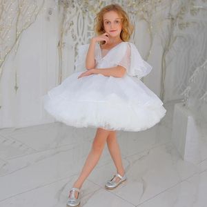 Girl Dresses Princess Pearls Flower Flare Sleeves Ball Gown Kids Evening Party Puffy Mini Short Children Pageant Dress