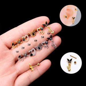 Punk Style Helix Screw Heart Barbellörhängen Studs Surgiska örhängen Rostfritt stål Double Ear Studs Black Zircon Butterfly Gothic Piercing Body Jewelry Bijoux