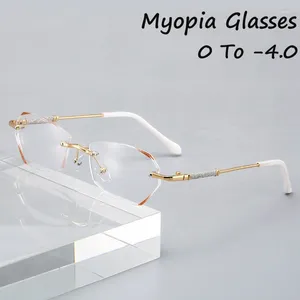 Solglasögon kvinnors myopia glasögon lyxiga diamant klippta ramlösa glasögon anti blått ljus som blockerar långt synglasögon diopter 0 till -4.0