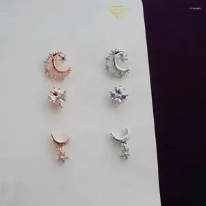 Dingle örhängen 925 Sterling Silver Sweet Korean Moon Shiny Zircon Flower Stud för kvinnor Fashion Cute Baby Daily Wear Jewelry