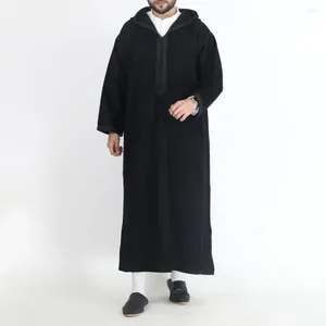 Abbigliamento etnico da uomo musulmano Abaya islamico arabo patchwork retrò mediorientale con cappuccio tinta unita camicia ampia casual a maniche lunghe