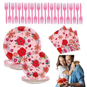 Dinnerware Sets 96 Pieces Valentine's Day Tableware Set Pink Flower Party Supplies Valentine Paper Plates Decoration