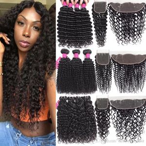 Wefts 9a pacotes de onda profunda brasileira com fechamento 4x4 fechamento de renda ou 13x4 laço frontal profundo encaracolado água em linha reta solta cabelo humano bundl