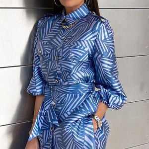 Kvinnors spårningsdräkter Vintage Loose Office Outfits Spring Print Two Piece Set Fashion Long Sleeve Shirt and Straight Ben Pants Party Suit 230630