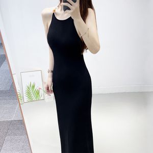Basic Casual Dresse New M-Aje Hanging Neck Holiday Style Open Back Dress Black Beaded Sticke Strap Dress for Women
