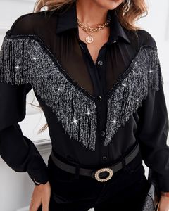 Koszulki damskie Bluzki Sprężyna jesień Kobiety Tassel Sheer Mesh Button Front Shirt Femme Zamknij kołnierz długi rękaw Top Office Dame Fits Traf 230630