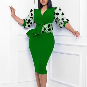 Urban Sexy Dresses Polka Dot Bodycon Midi Women Elegant Mesh Short Sleeve V Neck Peplum Office Lady Dress Female Party Gowns Robe 230630