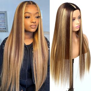 Long Soft Free Part Straight Highlight Wig Brazilian Human Hair Wig For Black Women Glueless U Shape