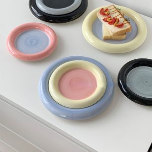 Decorative Plates 6''8'' Korean Chubby Breakfast Plate Jewelry Storage Dessert Cake Fruit Flat Bowl Cute Dish Ceramic 230701