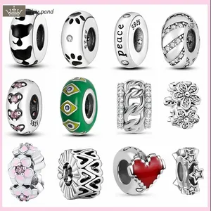 För Pandora Charms smycken 925 charmpärlor Tillbehör Katt Paw Spacer Heart Flower Stopper Charm Set