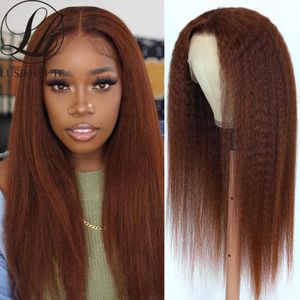 Kinky Straight Reddish Brown Lace Front Wigs 180% Density Yaki Wigs Synthetic Heat Resistant Natural Brown Afro Wigs For Women 230524