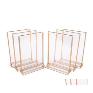 Party Decoration Gold Double Sided Picture Frames Acrylic Sign Holders Vertical Po Stand For Table Numbers Wedding Cards Pressed Flo Dhurt