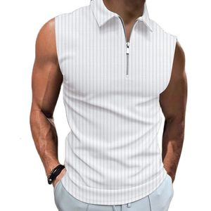 Polos masculinos verão lapela colete camisa pólo colete listrado com zíper 230630