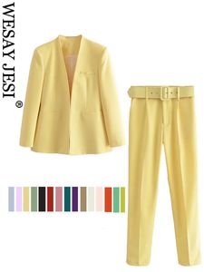 Kvinnors tvåbitar byxor Wesay Jesi Traf Women's Office Suit Fashion Blazer Pantsuit Simple Solid Color Suit Collar Long Sleeve Coat Trousers Set 230630